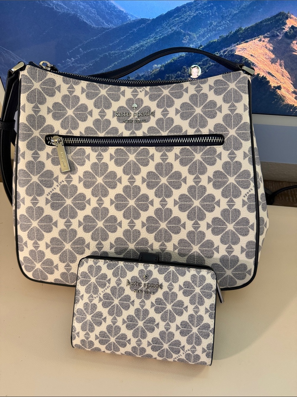 kate spade Cream and Gray Floral Shoulder Bag with Matching Wallet
